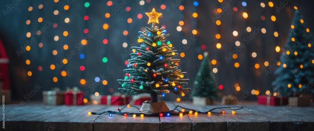 Poster colorful christmas tree adorned with led string lights on wooden surface with festive bokeh backgrou