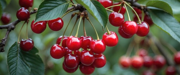 Obraz premium Fresh and vibrant red cherries hanging from a leafy branch, showcasing ripe fruit ready for harvest in a natural setting.