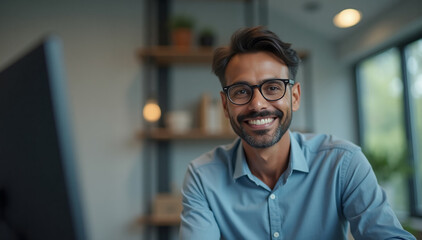 Obraz premium A confident Indian man is captured mid-conversation, engaging in a video call with colleagues. He is seated at a desk with a professional posture, looking directly at the camera 