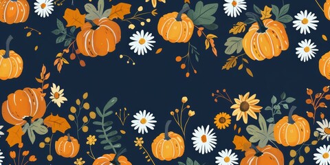 Autumnal Pumpkins and Flowers on Dark Blue Background