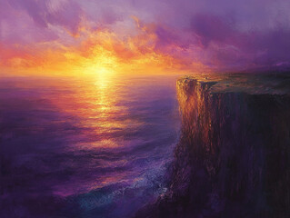 Ocean Cliff Sunset Landscape Painting Vibrant Colors