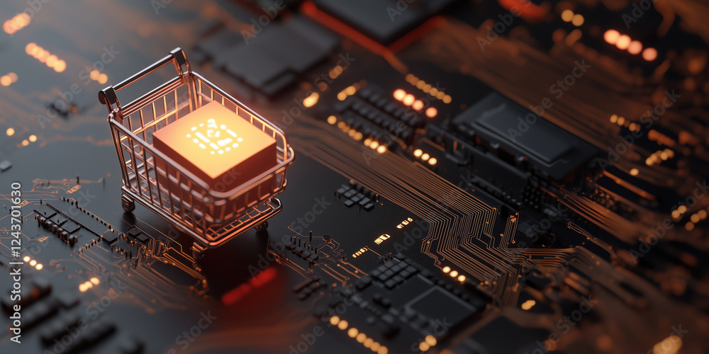Poster digital shopping cart on circuit board with glowing elements
