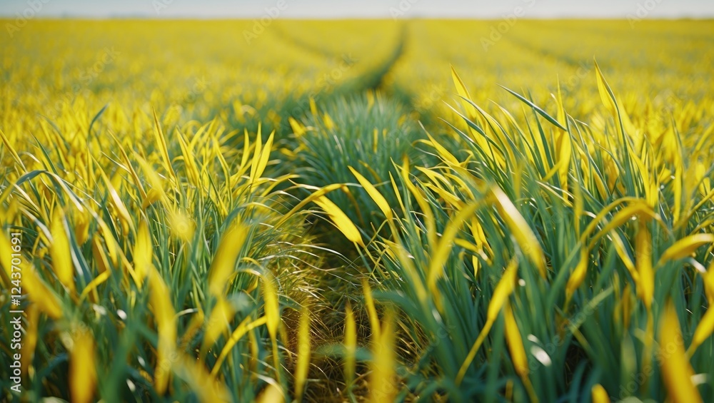 Poster vibrant close-up of a sunny yellow grass field with grassy texture and leading lines creating a tran
