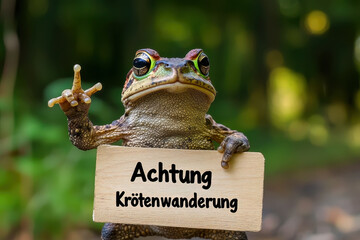 Kr&ouml;te mit Handzeichen h&auml;lt ein Schild in der Hand mit Text "Achtung Kr&ouml;tenwanderung" 