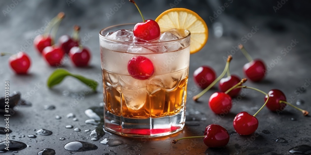 Poster refreshing cocktail garnished with cherries and lemon on dark background with ice cubes and space fo