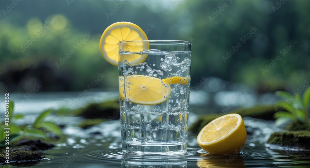 Aufkleber refreshingly sparkling lemon water in a natural setting with empty space for text overlay