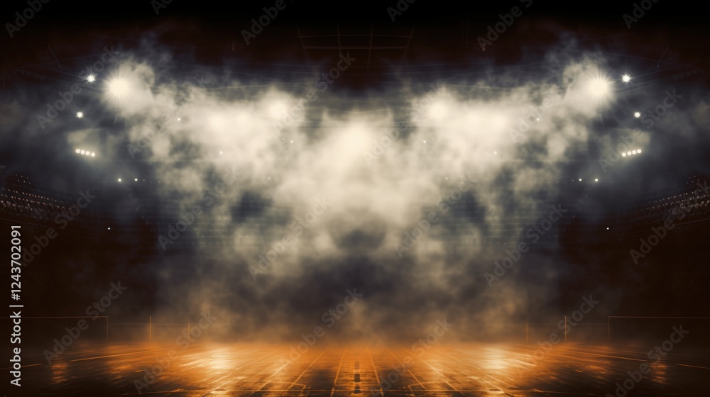 Poster bright stadium arena lights with smoky atmosphere for event or performance showcase in a modern sett