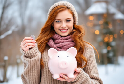 Mujer pelirroja vestida de invierno sostiene una alcanc&iacute;a y una moneda en la otra mano.

