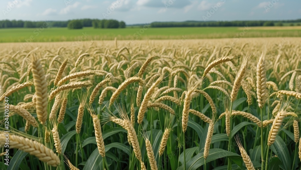 Poster golden wheat field under clear sky with lush green background and space for text or branding in a na