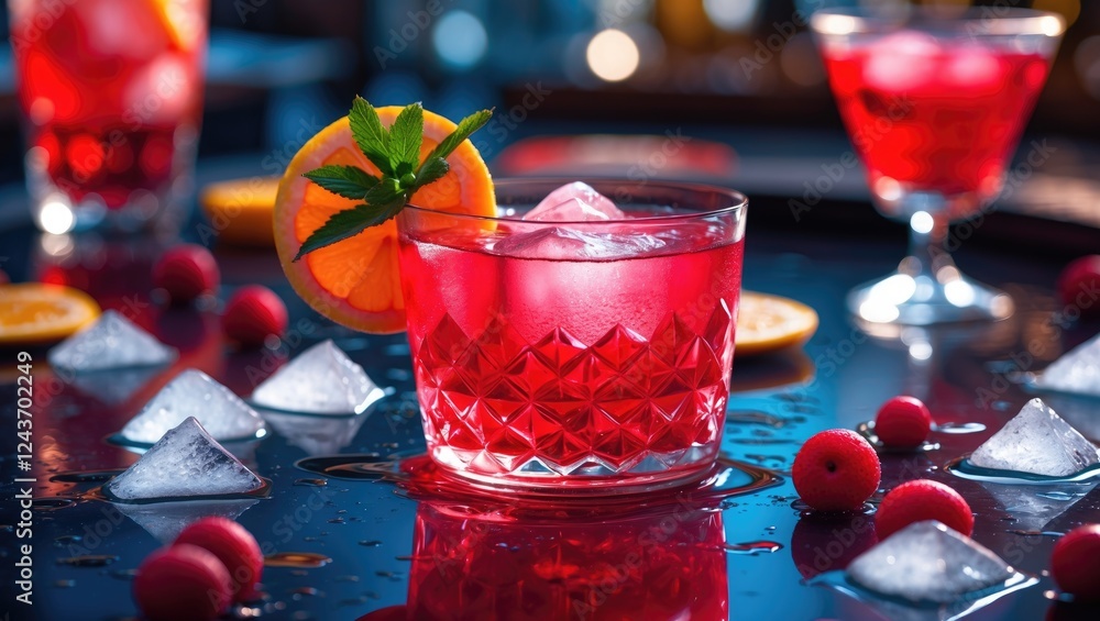Poster refreshing red cocktail garnished with mint and citrus on a dark table surrounded by ice and berries