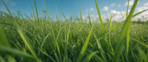 Obraz premium Close-up view of lush green grass in a meadow under a clear blue sky ideal for nature backgrounds and wallpaper designs.