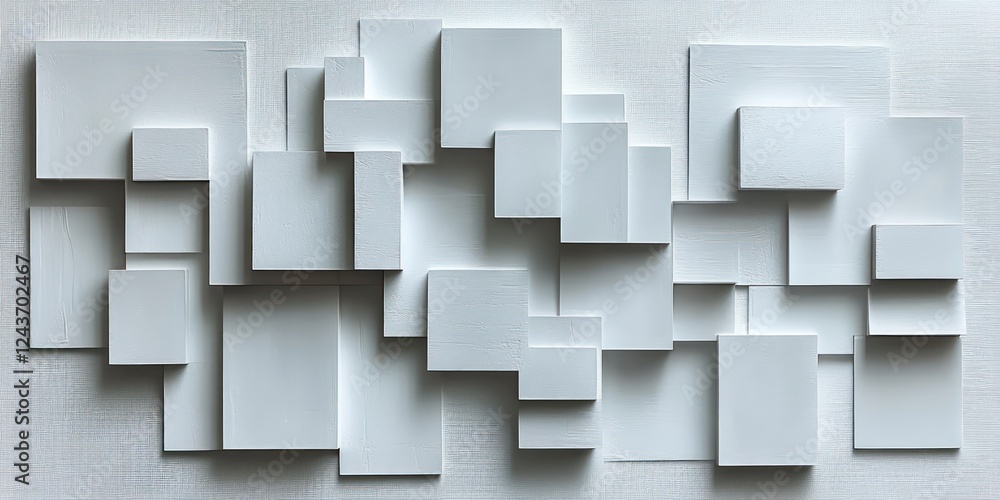 Poster asymmetric composition of random sized white squares and cubes on white background