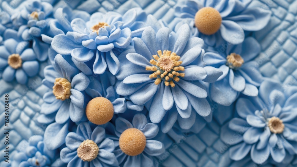 Poster delicate blue floral arrangement on textured background highlighting intricate design and soft color