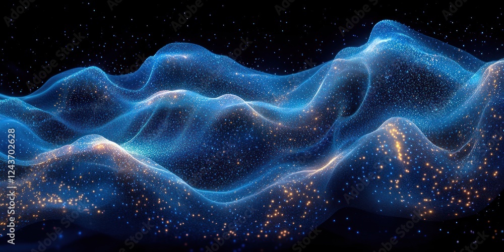 Poster luminous wavy particle flow in blue and green gradient on black background