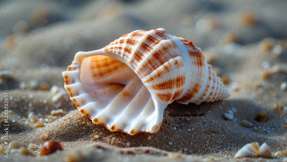 Aufkleber seashell resting on soft beach sand with natural low light highlights textures and patterns