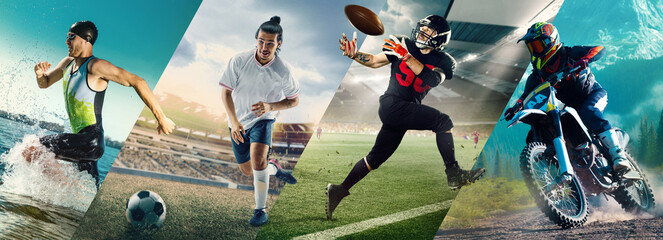 Sports intensity. Swimmer, soccer, American football and motocross athlete in motion. Power,...