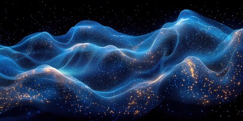 Luminous Wavy Particle Flow in Blue and Green Gradient on Black Background