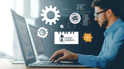 Businessman Focused on Computer Screen, Ensuring Service Quality and Standards with ISO Certification, Modern Office Environment
