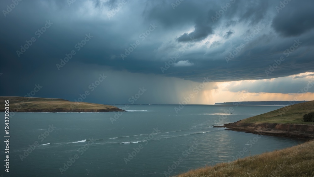 Poster dramatic storm clouds over bay with calm waters and open space for text and design elements