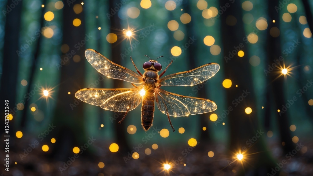 Poster enchanting firefly illuminated with glitter in a mystical forest setting capturing the essence of a 