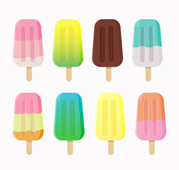 Ice cream set with 8 different tastes. Isolated on white background. Vector design.