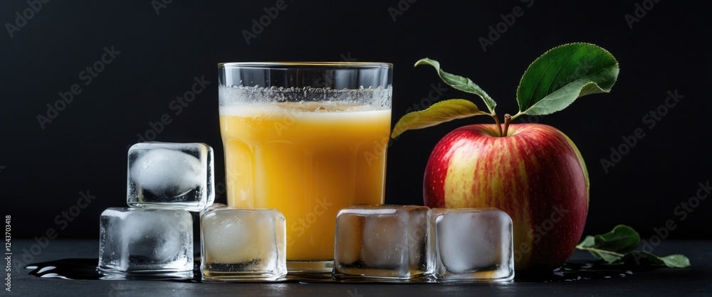 Poster refreshing apple juice served with ice cubes and a fresh apple on a dark background showcasing empty