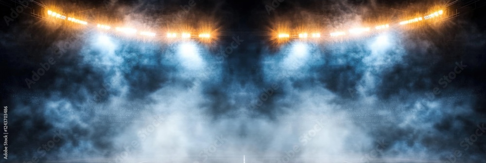 Poster bright stadium lights illuminate arena with atmospheric fog creating a dramatic scene for events and