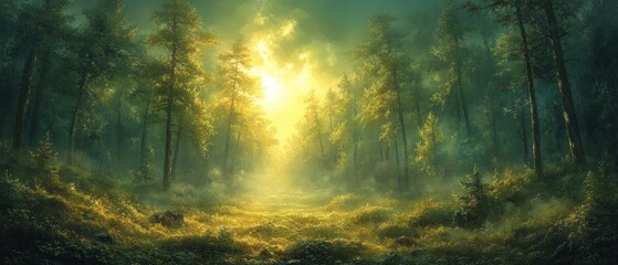 Obraz premium Ethereal Green Misty Forest Landscape Impressionistic Art