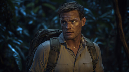 Fototapeta premium A white man in the hiking gear backpack looks lost tried and confused background deep dark jungle