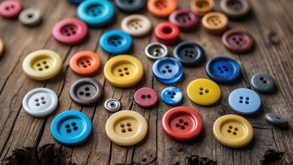 Fototapeta premium Colorful assortment of sewing buttons arranged on rustic wooden surface showcasing various shapes and sizes ideal for crafting projects.