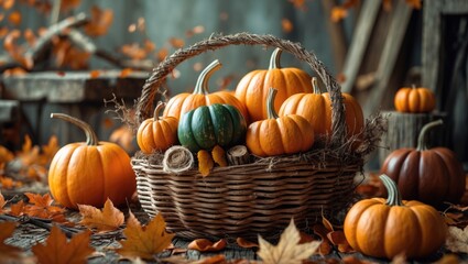 Rustic Autumn Still Life with Colorful Pumpkins in a Basket Surrounded by Fallen Leaves and Warm Lighting