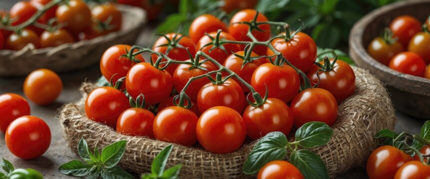 Fresh Santorini cherry tomatoes arranged in baskets with green basil leaves on a rustic wooden surface. Perfect for culinary use and gardening.