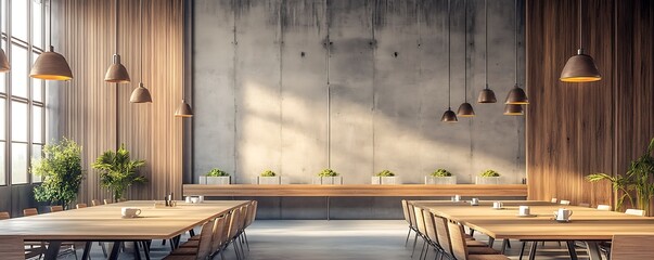 A professional virtual background of an industrial-style meeting room with concrete walls wooden accents and pendant lighting