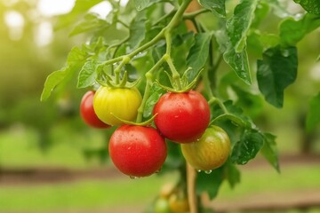 Fresh red and green tomatoes growing on a vine with droplets of water.