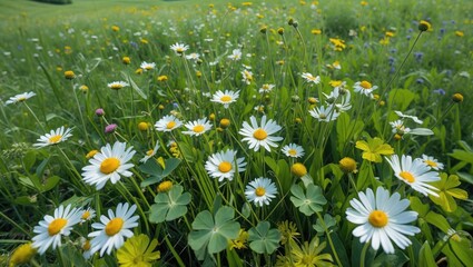 Vibrant summer meadow filled with wildflowers including daisies and clovers showcasing the beauty of nature in full bloom.