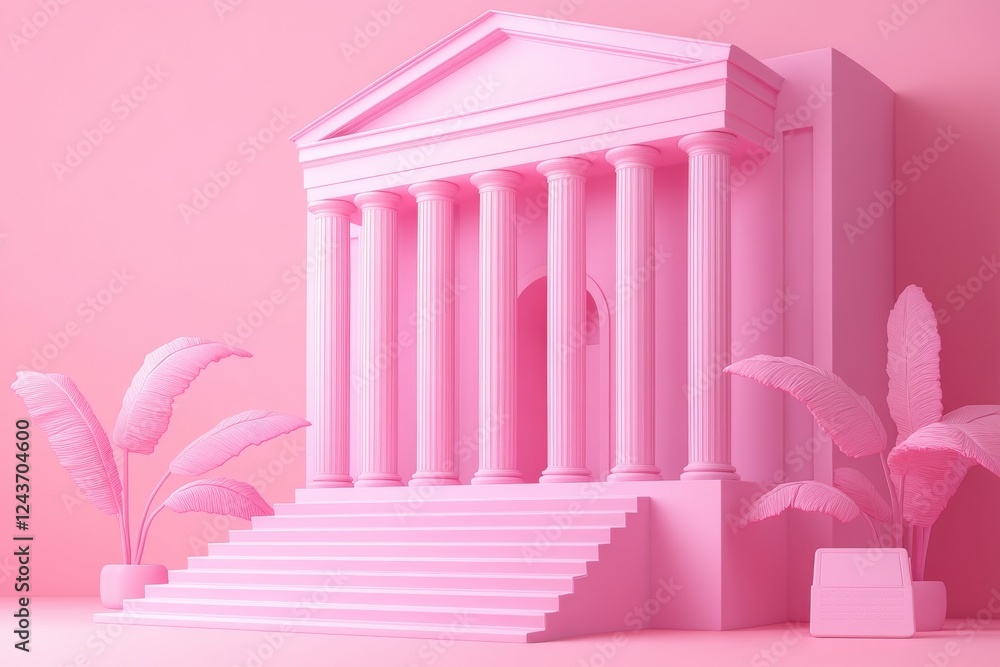 Poster a vibrant pink architectural structure with columns and palm leaves, creating a playful and modern a