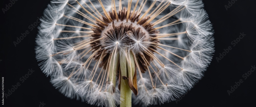 Poster giant dandelion macro shot on a black background showcasing intricate details of seeds and structure