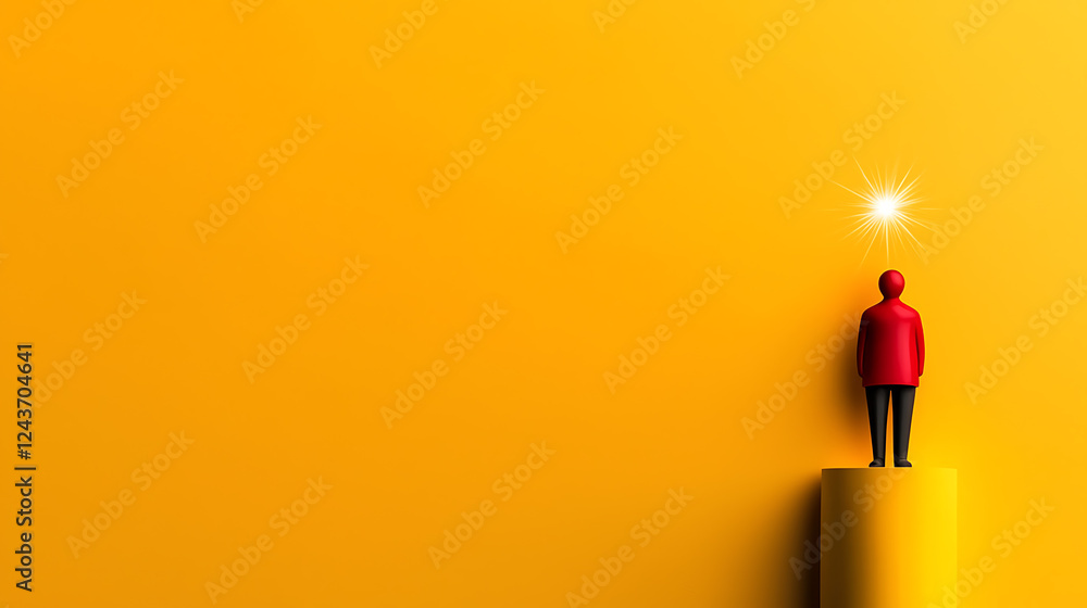 Poster inspiring action of a figure standing on a yellow platform minimalist concept optimistic environment