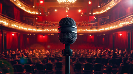 Professional vintage microphone on a concert stage before the performance. Public speaking courses, stand-up, comedy show, stage fright. Festival, jazz club, concert or podcast background