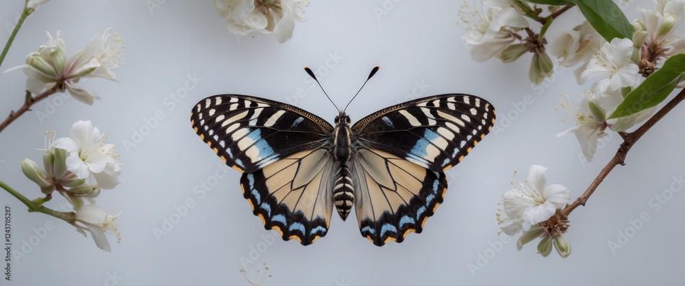 Poster close-up of a beautiful butterfly resting among delicate white flowers on a soft background showcasi