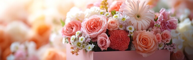 Obraz premium A luxurious bouquet of pastel flowers arranged in a stylish pink gift box. Ideal for gifting, celebrations, and floral arrangements.