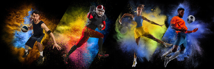 Basketball, American football, tennis, and soccer athletes captured mid-air, surrounded by vibrant paint splashes, symbolizing energy, passion, and motion. Concept of professional sport. Banner, ads.