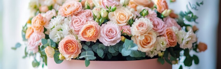 Obraz premium A luxurious bouquet of pastel flowers arranged in a stylish pink gift box. Ideal for gifting, celebrations, and floral arrangements.