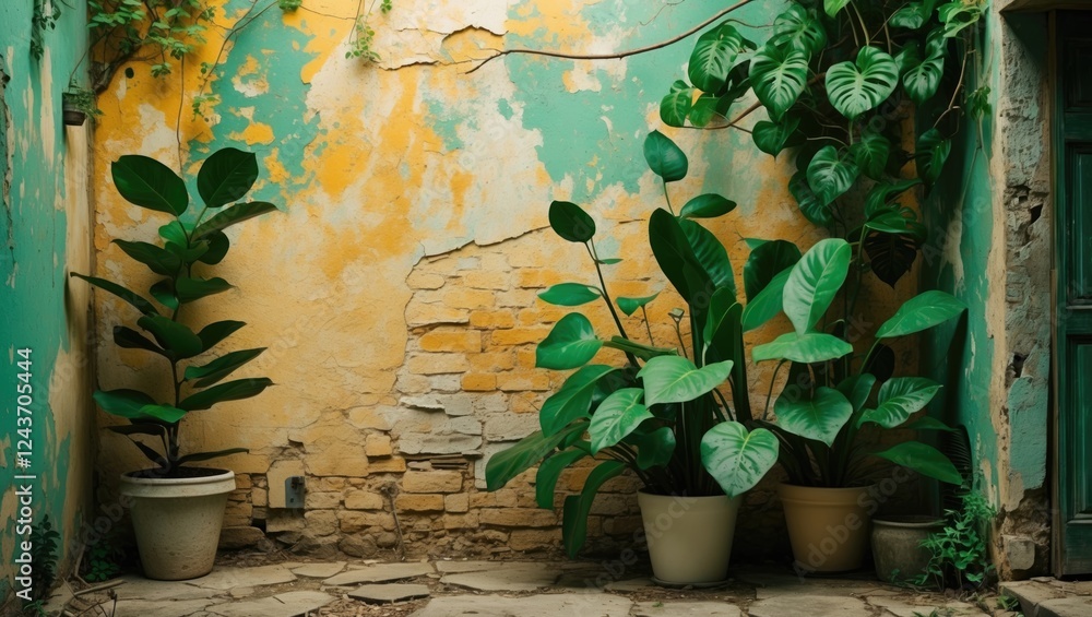 Poster vibrant green plants against a textured grunge wall creating a serene and inviting atmosphere in a r