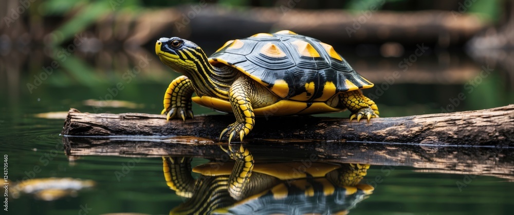 Poster yellow-bellied slider turtle basking on a log with water reflection in a tranquil lake environment s