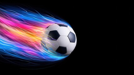 Fototapeta premium A dynamic and futuristic image of a soccer ball in motion surrounded by a vibrant explosion of holographic data and energy The ball appears to be glowing with power and speed