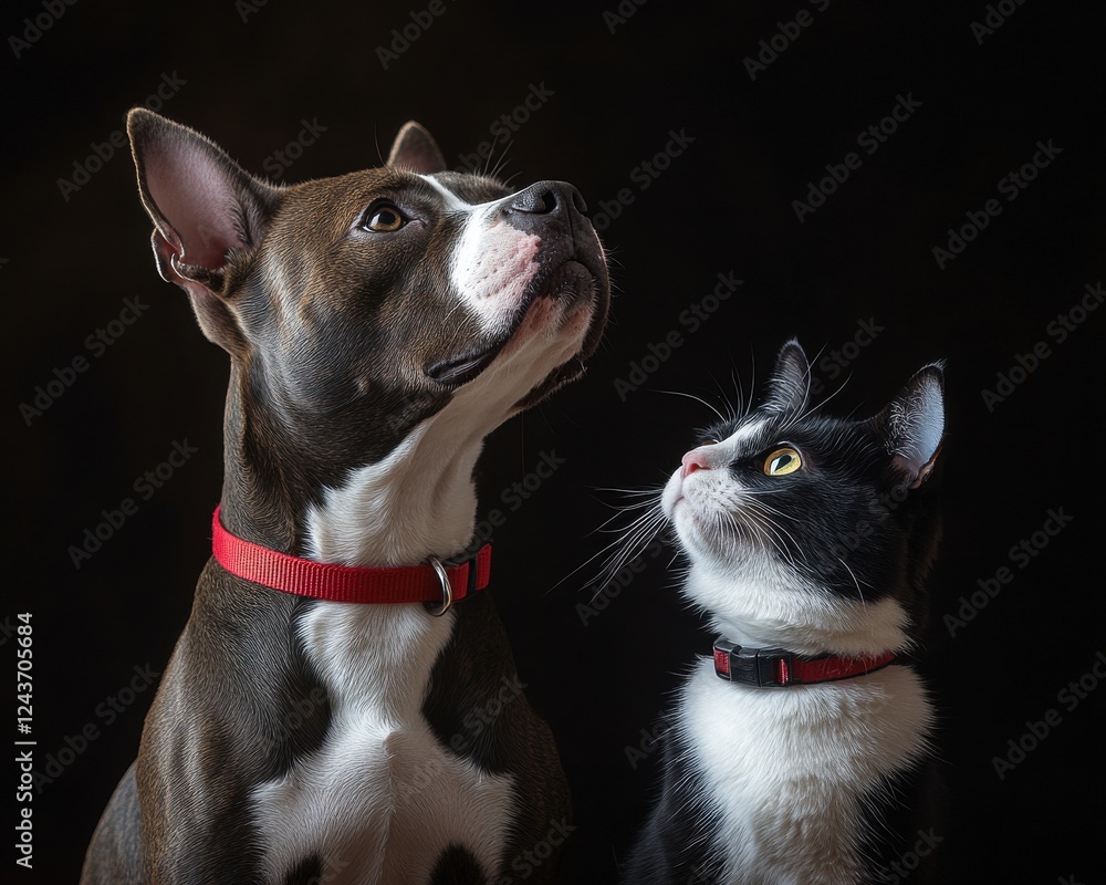 Poster a playful dog and cat duo in a close-up portrait, capturing their unique expressions against a dark 