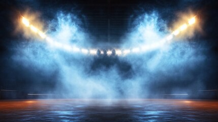 Dramatic Lighting Effects in a Sports Arena with Bright Lights, Fog, and Dynamic Atmosphere for Event Photography and Graphic Design