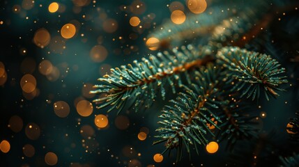 Close Up of Teal Pine Branch with Golden Bokeh Lights