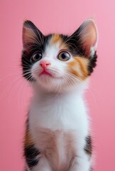 Obraz premium Adorable and Curious Calico Kitten with Bright Eyes Posing Against Soft Pink Background, Captivating Expression and Fluffy Fur, Perfect for Pet Lovers
